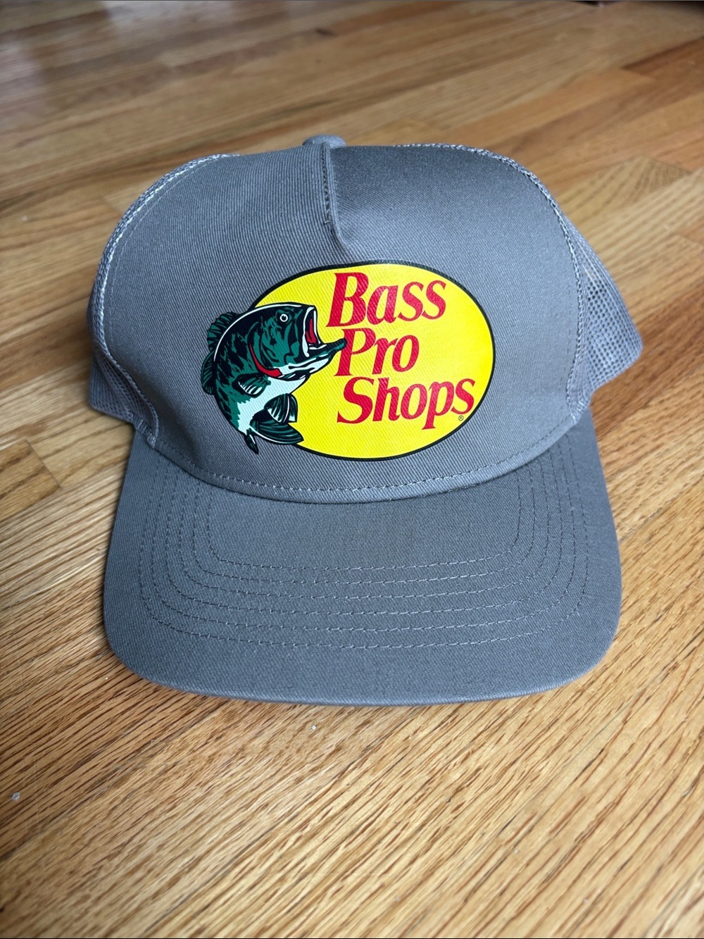 Bass Pro Shops Gray Trucker Hat with Yellow Logo and Green Fish